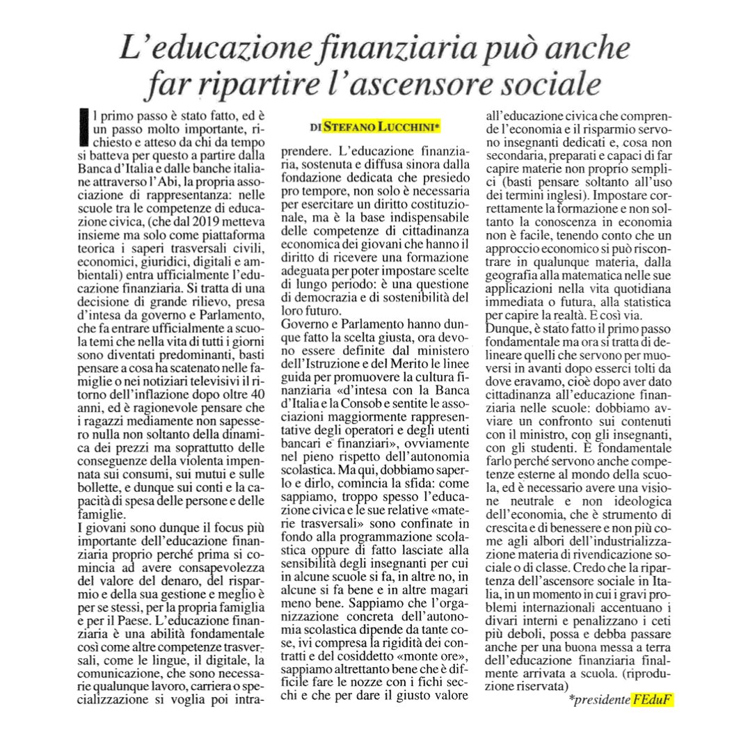 feduf_'s tweet photo. «Credo che la ripartenza dell’ascensore sociale in Italia possa e debba passare anche per una buona messa a terra della #educazionefinanziaria finalmente arrivata a scuola» #StefanoLucchini – Presidente #FEduF

Leggi l’editoriale completo pubblicato su @MilanoFinanza https://t.co/MBdKfzEzcS