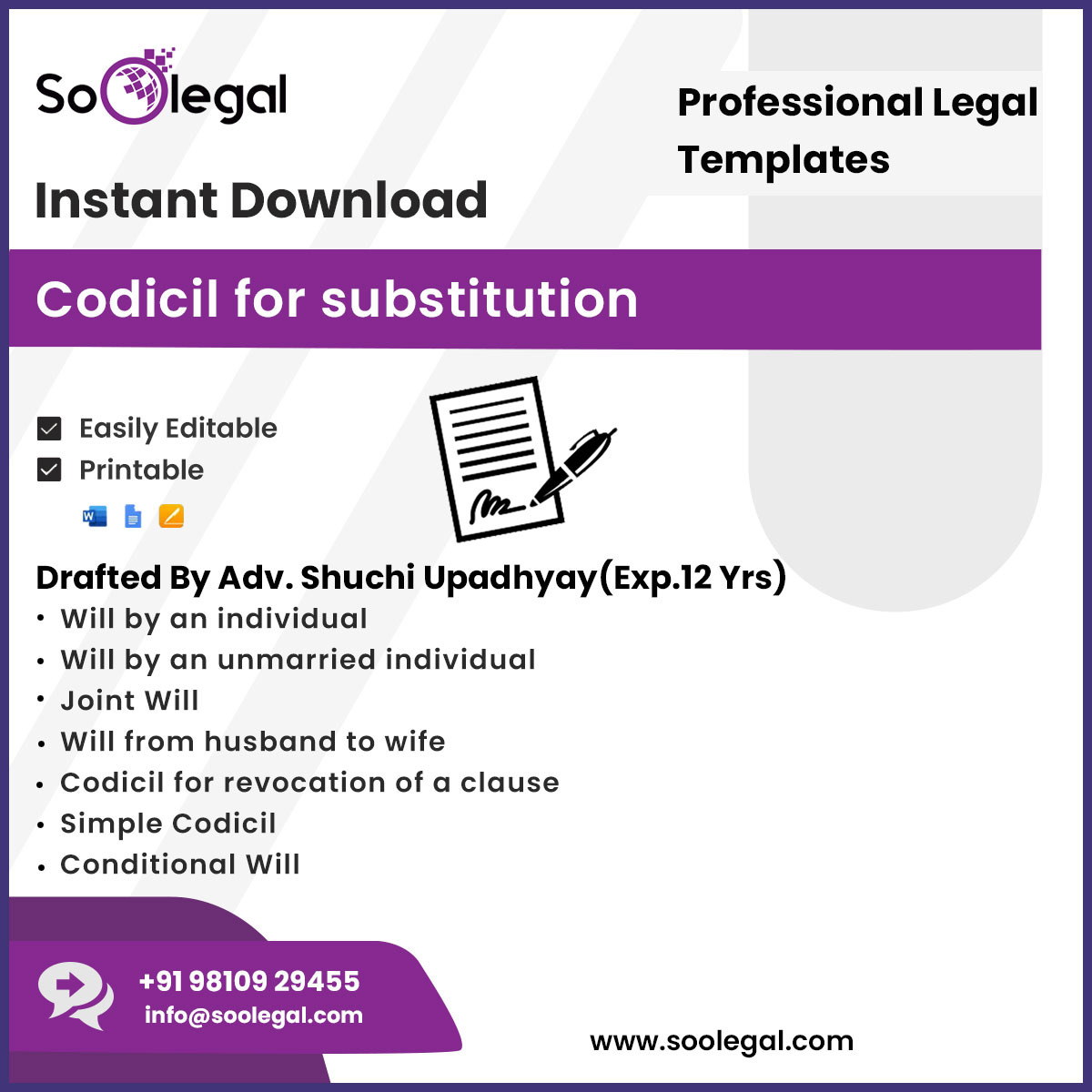 Soo_Legal's tweet photo. Connect with @Soo_Legal , Where you can;
👉🏻 Instant Download Codicil for Substitution
✅Printable
✅A4 Size
𝑫𝒐𝒘𝒏𝒍𝒐𝒂𝒅 𝐍𝐨𝐰 Drafted By @UpadhyayShuchi : https://t.co/PyJ8cO83pB
#Codicil #Substitution #legaltemplates #Legaldratfs #SoOLEGAL #legaldocuments https://t.co/YzdqzbfuGL