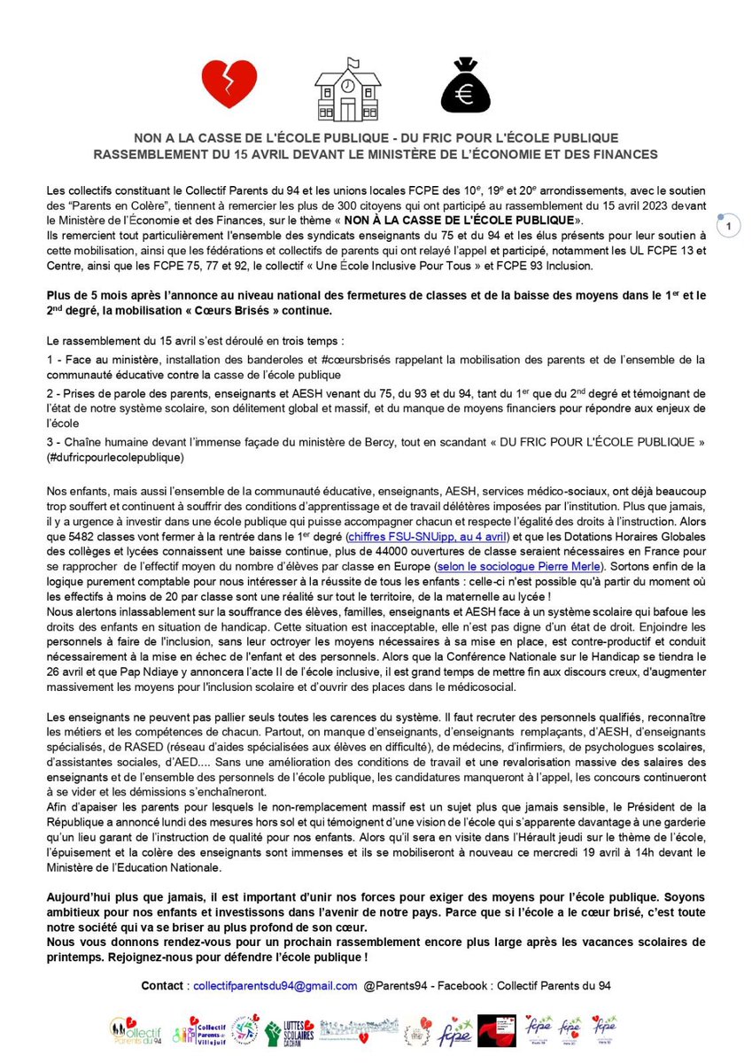 Parents94's tweet photo. 1/2 📢Communiqué de Presse : Retour sur notre rassemblement des #CoeursBrisés 💔par la casse de l'école publique pour réclamer #dufricpourlecolepublique 💰à Bercy le 15 avril
📢✊💰💔💰💔💰💔✊📢
Enseignants, AESH, parents unis pour des conditions d’apprentissage &amp;travail dignes! https://t.co/6cyPg9OcIH