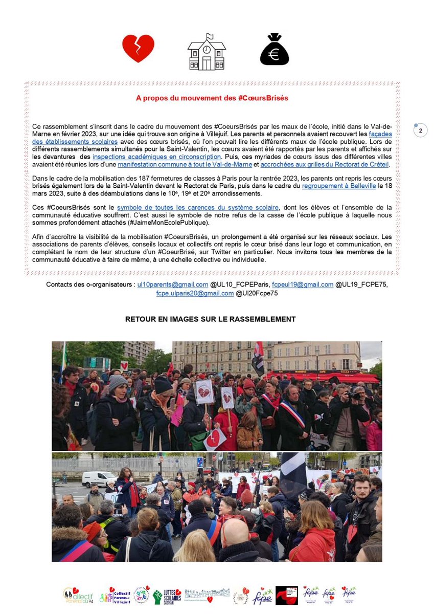 Parents94's tweet photo. 1/2 📢Communiqué de Presse : Retour sur notre rassemblement des #CoeursBrisés 💔par la casse de l'école publique pour réclamer #dufricpourlecolepublique 💰à Bercy le 15 avril
📢✊💰💔💰💔💰💔✊📢
Enseignants, AESH, parents unis pour des conditions d’apprentissage &amp;travail dignes! https://t.co/6cyPg9OcIH