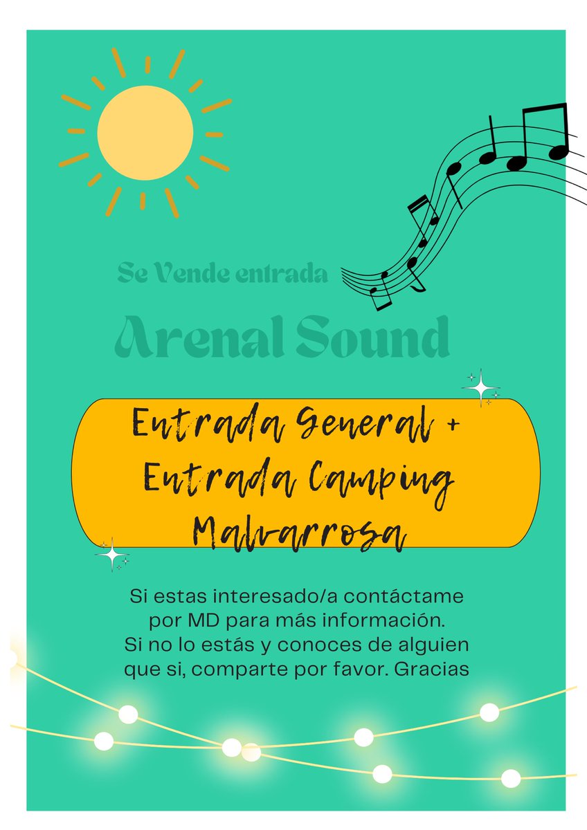 maxgar_9's tweet photo. Se vende entrada Arenal Sound. Incluye Entrada General y Entrada de Camping Malvarrosa. 
Para más información contáctame por MD. 
Difundir por favor. Gracias. https://t.co/dtr81SJCnQ