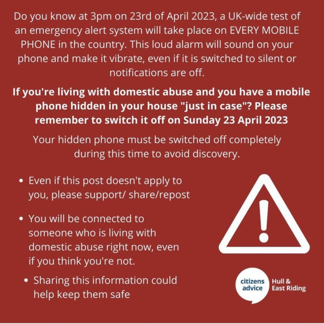 vocal_rogue's tweet image. EMERGENCY ALERT SYSTEM TEST - THIS SUNDAY ON 23rd APRIL 2023

If you&apos;re living with domestic abuse &amp;amp; you have a mobile hidden in your house &quot;JUST IN CASE&quot; - 

Please remember to switch it off! Sharing this information, could help to keep them safe.

#emergencyalert #systemtest