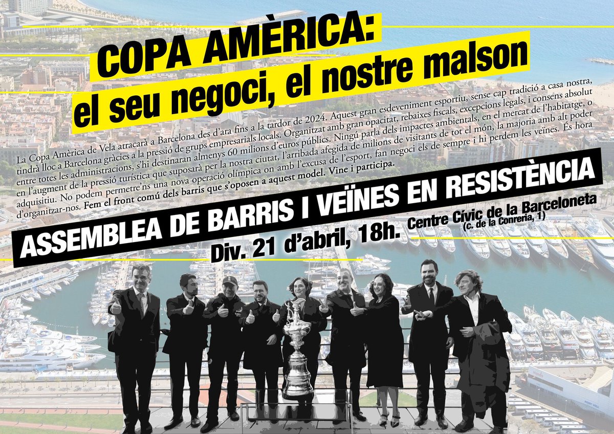 SantiAranya's tweet photo. ❌⛵️La COPA AMÈRICA, a la que han donat suport tots els partits amb representació a l'Ajuntament, és un atemptat ecològic i social.

-Impactes ambientals
-Augment del preu dels lloguers
-Més massificació turística
-Expulsió del veïnat

📌 Divendres 21 a les 18h

#StopCopaAmèrica https://t.co/AloJWXTNHW