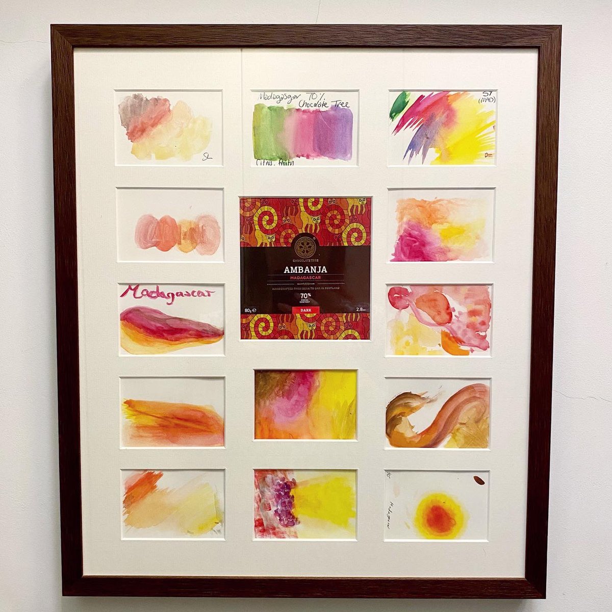 My favourite example of #TasteWithColour!

The chocolate was tasted blindly &amp; we compared paintings at the end with the packaging. I think the colours match very well!

I had some of the paintings framed to treasure this beautiful example of tasting with colour 🍫🌈🔥

#CacaoLove