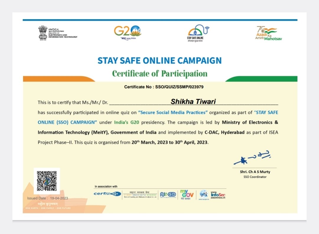freedT123's tweet photo. I cadet Shikha Tiwari from 1 GUJ GIRL'S BN NCC , AHMEDABAD GROUP successfully participated in a quiz on "Cyber Hygiene Practices" as part of 🇮🇳 India's #G20 presidency under the STAY SAFE ONLINE CAMPAIGN.
@HQ_DG_NCC
@DefencePRO_Guj
@ArvindKapoorTYG
@NCC_Dte_Gujarat
@PMOIndia https://t.co/Qmrd7mXfaA