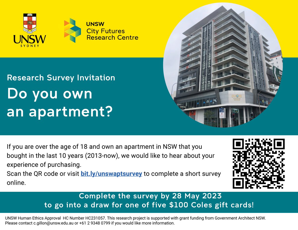 Do you own an apartment in NSW? Researchers at @UNSWCityFutures would like to hear about your purchasing decisions. Scan the QR code below or visit bit.ly/unswaptsurvey to complete a short survey. Complete by 28 May 2023 for your chance to win 1 of 5 $100 Coles gift cards!