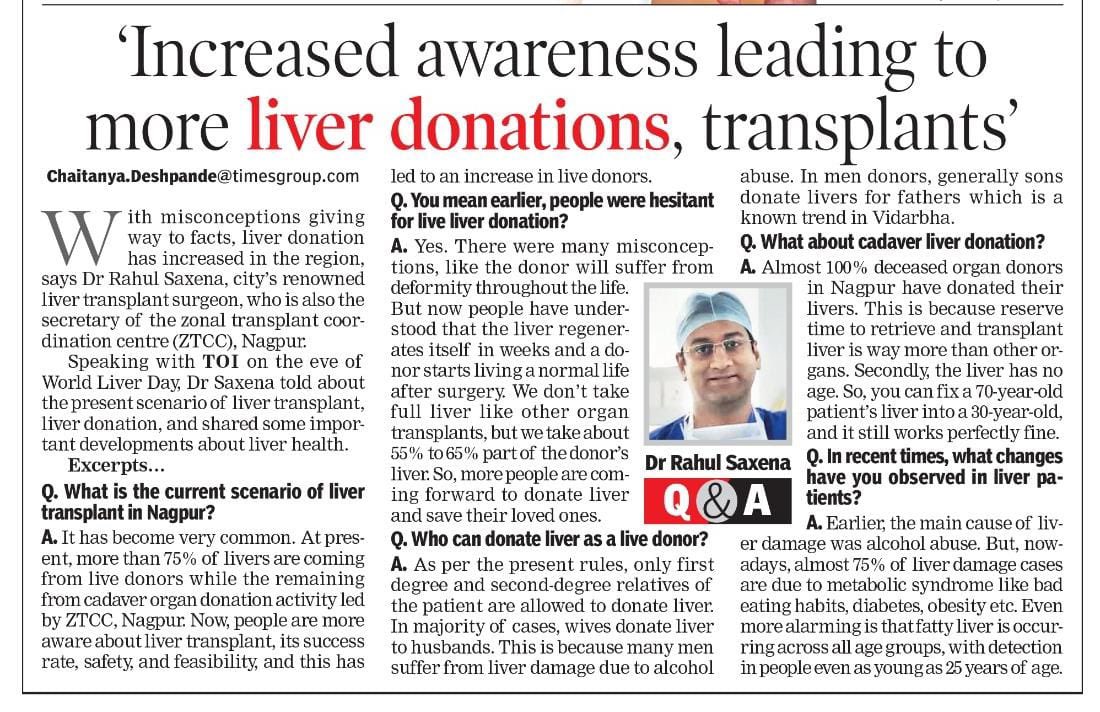 My article in Times of India, Nagpur Edition on the occasion of #WorldLiverDay2023. Since 2018, when we did the first liver transplant of the Central India at Nagpur, awareness about liver diseases and liver transplant has substantially increased !!