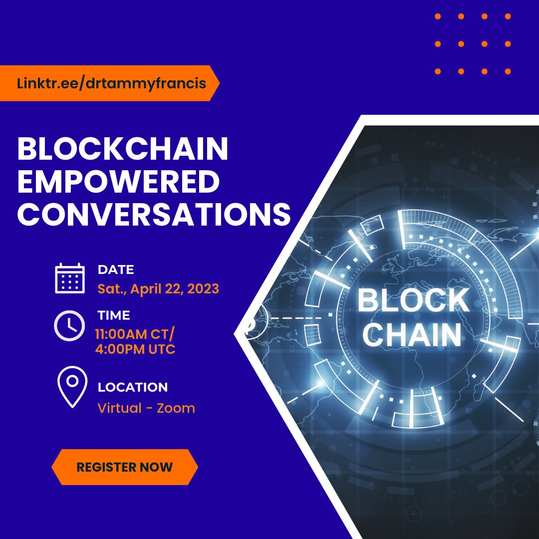 DrTammyFrancis's tweet photo. 📣 Join us at our monthly C4C Global event, Blockchain Empowered Conversations with Dr. Tammy (me)!

1️⃣ Mark your calendar! 

2️⃣ REGISTER: https://t.co/XGQuYXlens

3️⃣ ATTEND virtually!🔥 

#DrTammyFrancis #Web3educator https://t.co/9bIJQBvdDw