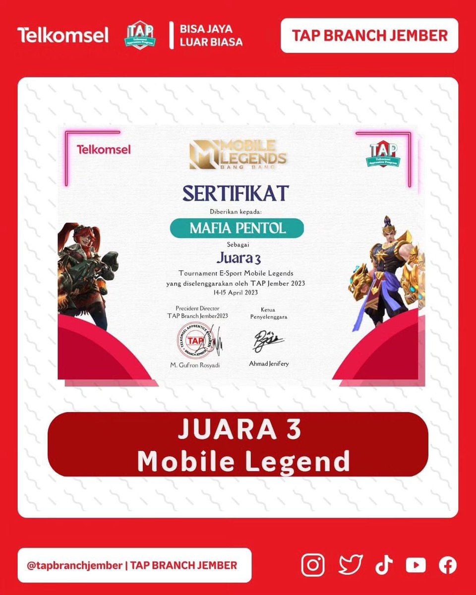TAPBranchJember's tweet photo. Kami Ucapkan Selamat Kepada Tim yang Berhasil mendapatkan Gelar Juara yaitu :
 
🥇Juara 1 - Kim Esport
🥈Juara 2 - Bismillah Win
🥉Juara 3 - Mafia Pentol

Selamat kepada para juara dan semoga yang belum juara dapat beruntung di kesempatan lain. Terima kasih atas partisipasinya✨. https://t.co/JjAOOLALZx