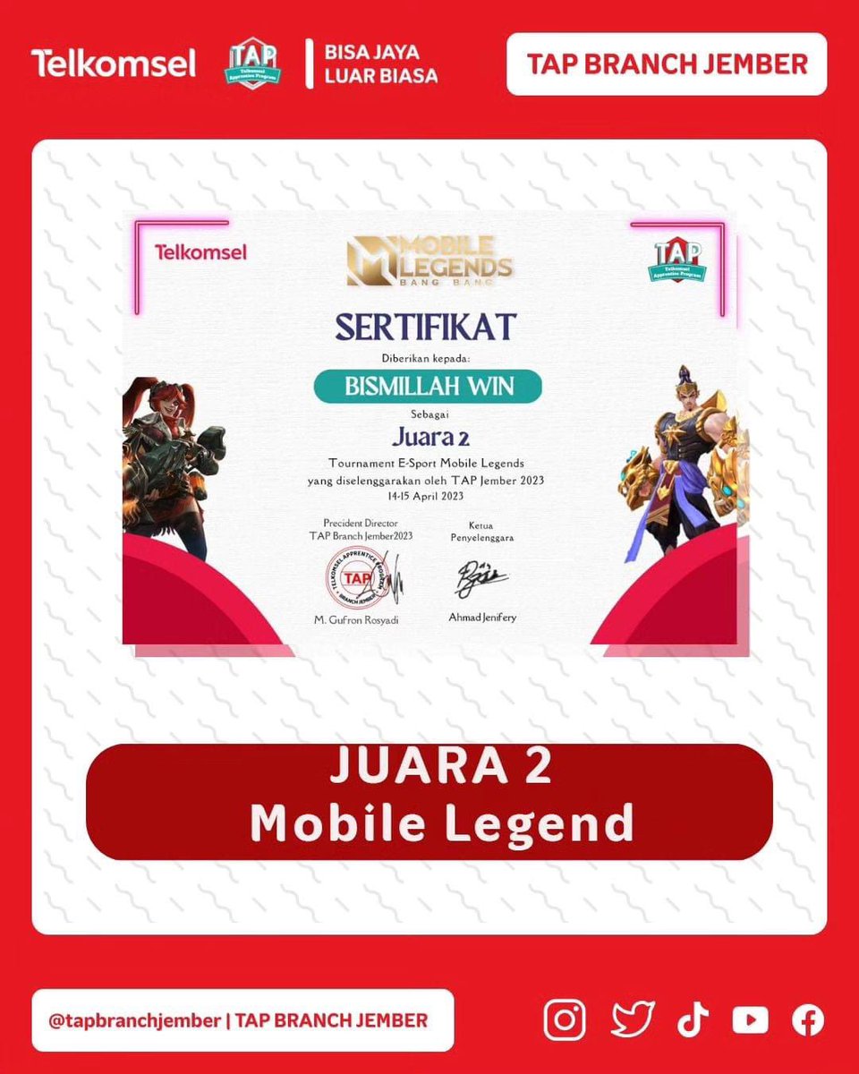 TAPBranchJember's tweet photo. Kami Ucapkan Selamat Kepada Tim yang Berhasil mendapatkan Gelar Juara yaitu :
 
🥇Juara 1 - Kim Esport
🥈Juara 2 - Bismillah Win
🥉Juara 3 - Mafia Pentol

Selamat kepada para juara dan semoga yang belum juara dapat beruntung di kesempatan lain. Terima kasih atas partisipasinya✨. https://t.co/JjAOOLALZx