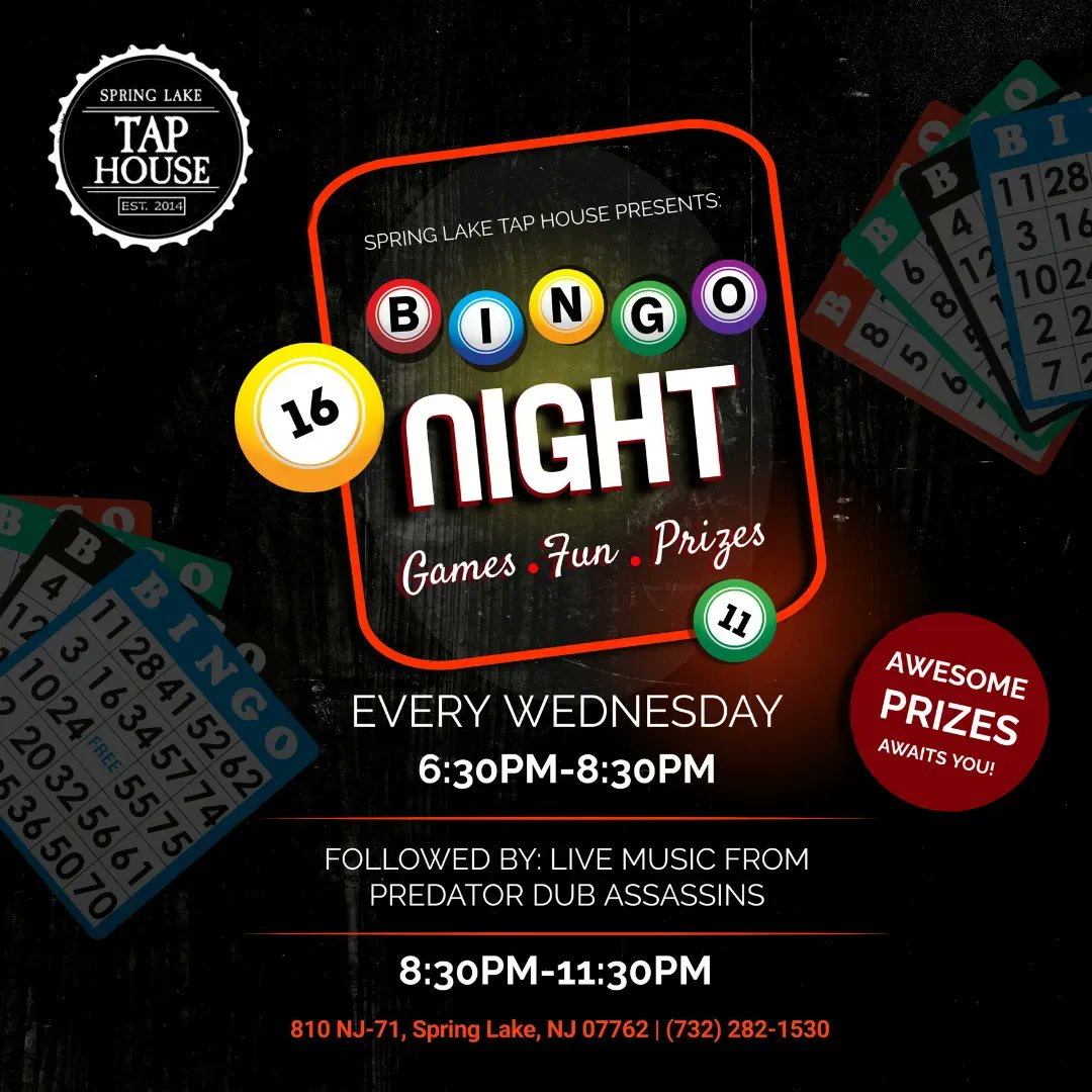 TapHouseSL's tweet photo. The Spring Lake Tap House presents BINGO NIGHT! 
Every Wednesday from 6:30pm-8:30pm.
Followed By Live Music From Predator Dub Assassins at 8:30pm 

#bingo #jerseyshore #livemusic https://t.co/J0w8L0NxHD