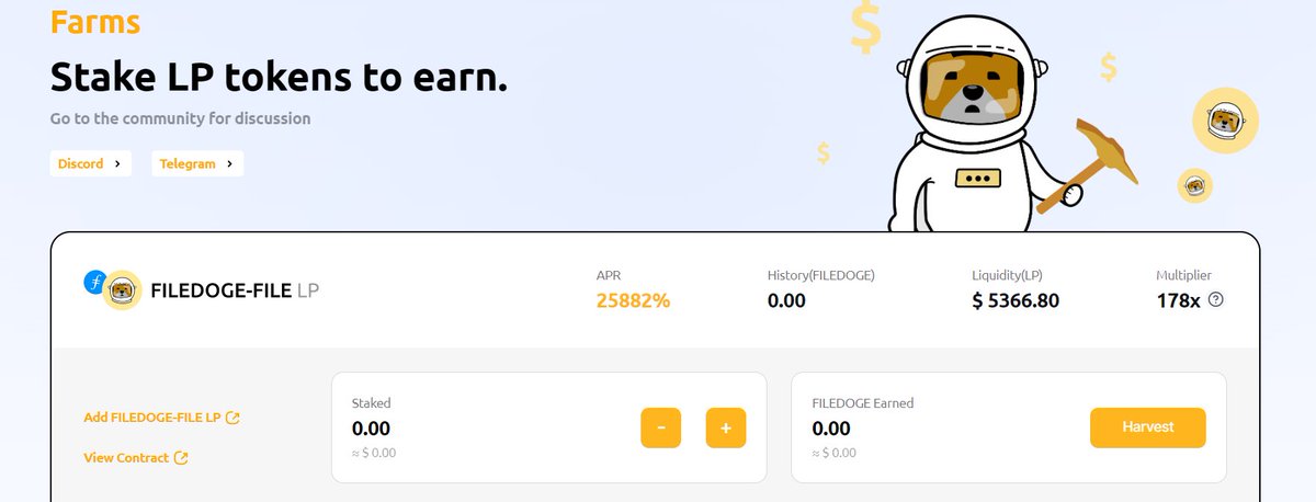 Filedogetoken's tweet photo. 2️⃣0️⃣0️⃣0️⃣0️⃣% Annualized ‼️

🚀The farm was successfully launched❕
                💥Detonate the community❕

🔶Taking LP tokens to earn! 
              🔸Filedoge waiting for U!
@Filecoin @Filecoin_Daily_ @FilFoundation https://t.co/VfCT7hcaoI