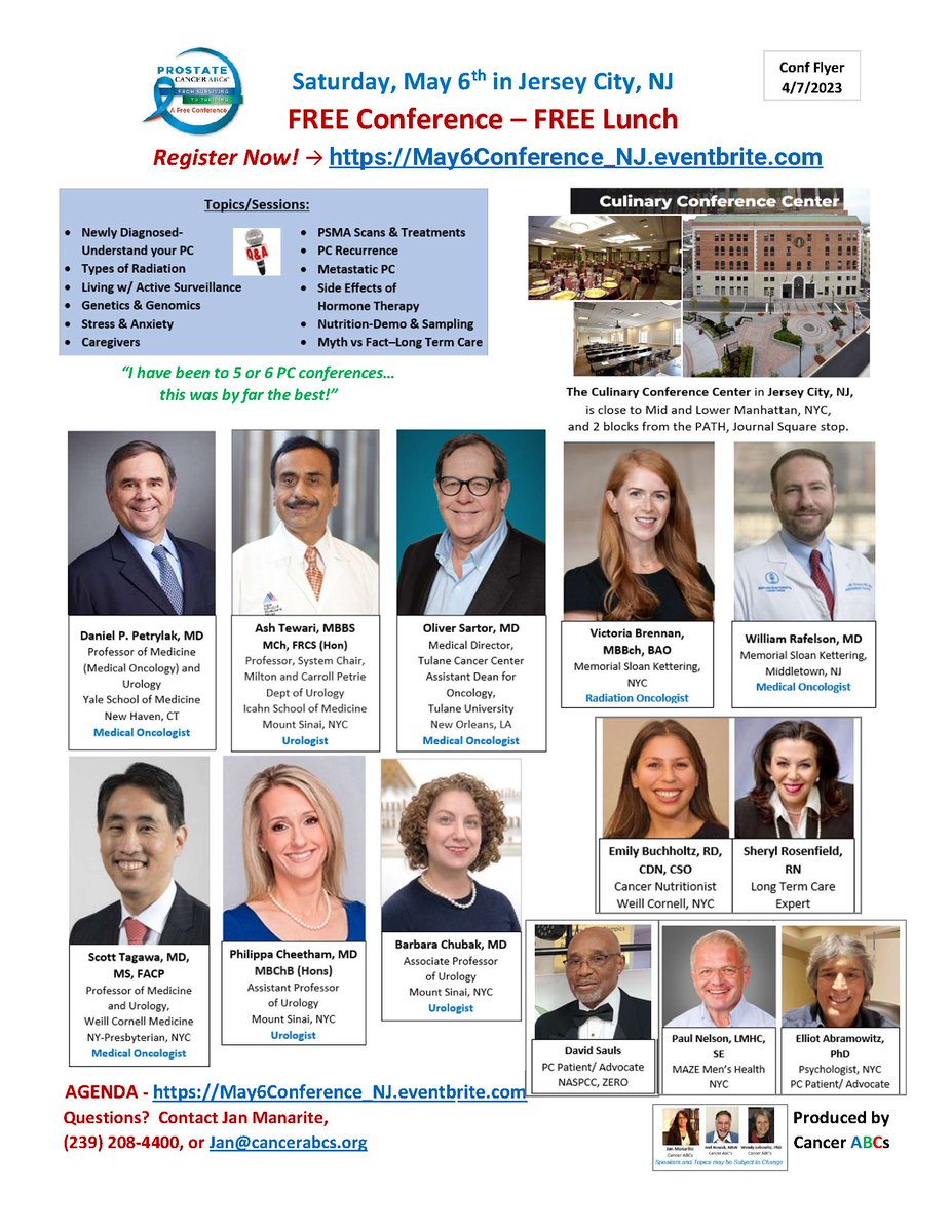 prostateca's tweet image. Join #Cancerabcs at the FREE May 6th Patient/Caregiver #prostatecancer metro NYC conference. 16 sessions, 3 tracks and 17 speakers. Q&amp;amp;A and a chance to meet others on a similar   journey Register: May6Conference_NJ.eventbbrite.com