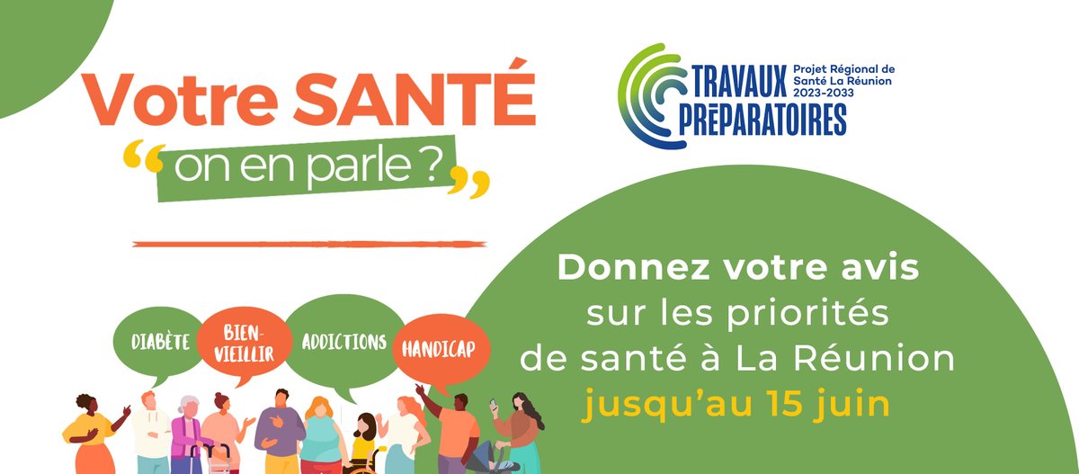 PRS 2023-2033 | Livre vert, donnez votre avis sur les priorités de #santé à La Réunion!
🙌Jusqu'au 15 juin 2023, tous les réunionnais sont invités à donner leurs avis sur les thématiques de santé proposées par l'ARS pour les 10 prochaines années
➕d'infos👉bit.ly/3KyiRhN