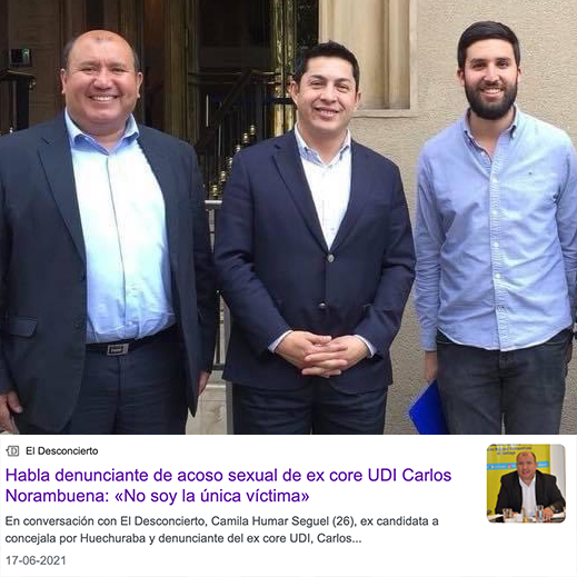 CataValdesCL's tweet photo. Carlos Norambuena, CORE UDI por Huechuraba, acosó sexualmente a la candidata a concejal por la UDI, Camila H. llevadonla a un motel engañada y sin su consentimiento. Fernando Perez siempre trató a Carlos como su "Gurú" o "Maestro" cada vez que se veían junto a Jorge Duran. https://t.co/uGd9ZmpNQk