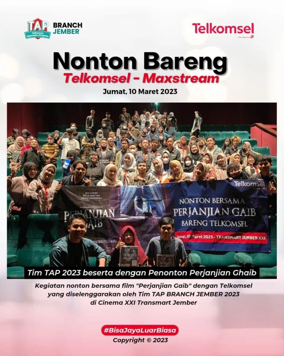 TAPBranchJember's tweet photo. || Nonton Bareng Telkomsel - Maxstream ||

So thankful for telkomsel who give us chance to get free watch movies in Cinema XXI Transmart Jember

#stayconnected #nobarwithtsel #telkomselapprenticeprogram
#tapbranchjember2023 #tapbranchjember #bisajayaluarbiasa https://t.co/MyuE3uZ7yw