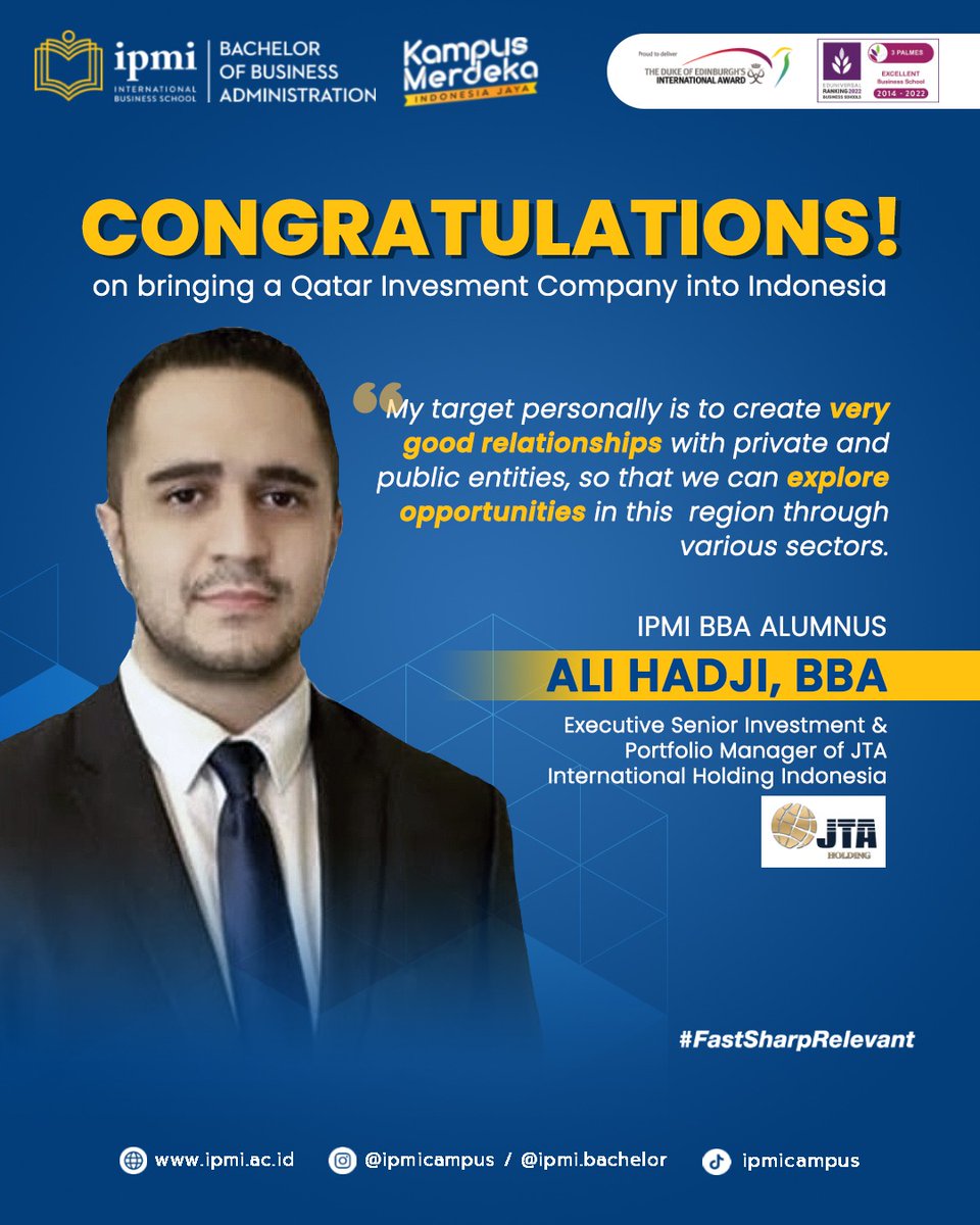 IPMI_Campus's tweet photo. We are thrilled to congratulate Ali Hadji, IPMI BBA alumnus, on his successful efforts in bringing a Qatar investment company into Indonesia! 
Your dedication and hard work have significantly impacted Indonesia's economy, and we are proud to call you an IPMI alumnus. https://t.co/PctDWa4sJc