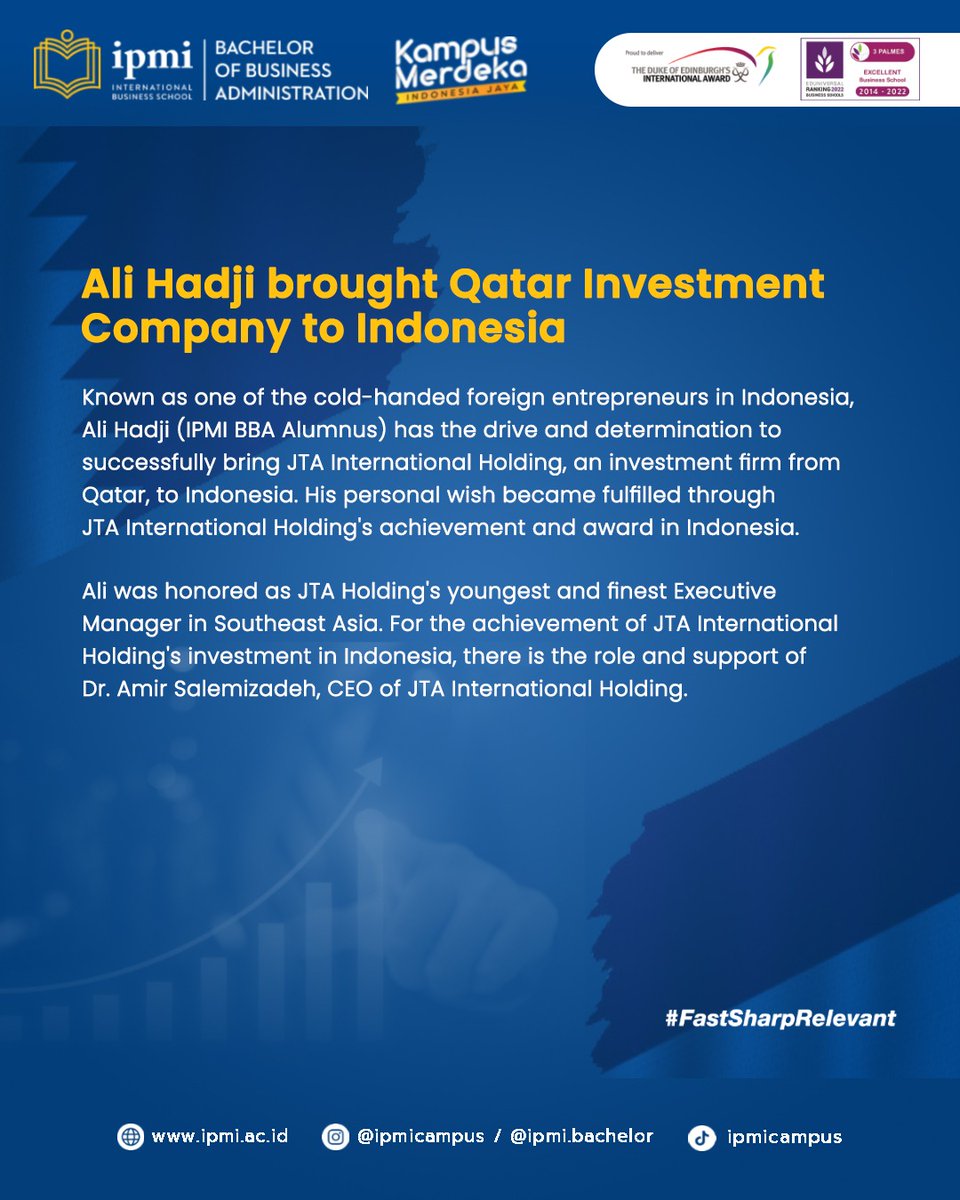 IPMI_Campus's tweet photo. We are thrilled to congratulate Ali Hadji, IPMI BBA alumnus, on his successful efforts in bringing a Qatar investment company into Indonesia! 
Your dedication and hard work have significantly impacted Indonesia's economy, and we are proud to call you an IPMI alumnus. https://t.co/PctDWa4sJc