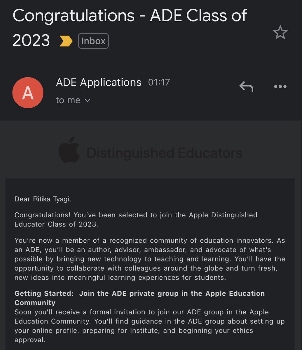RitikaTyagi06's tweet photo. Finally!!! 🤩🤩Haven’t been able to think about anything else, since I have received this mail. It has always been my DREAM! Feeling so thrilled &amp; honoured to be a part of #ADE2023
Can’t wait to meet everyone in July! 🥳 https://t.co/sQA04aNf1w