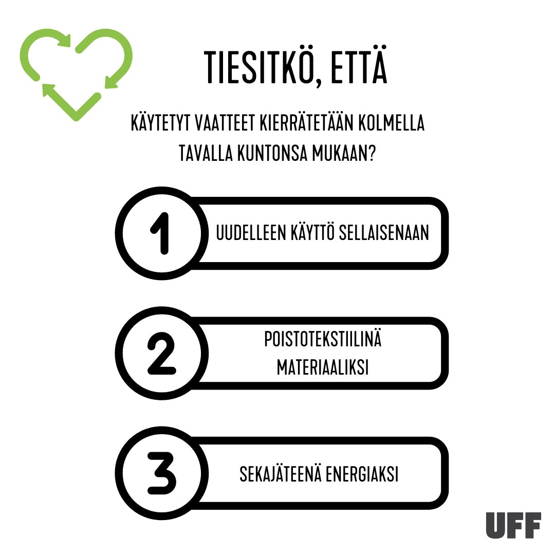 Luonnon ja talouden kannalta on parasta, että vaate jatkaa elämäänsä vaatteena. 
Jos olet epävarma, onko vaatteesi sellaisenaan uudelleen käytettävä vai kuuluuko se materiaalikeräykseen, voit viedä vaatteet UFF:n boksiin. Lahjoitukset lajitellaan huolella ja ammattitaidolla.