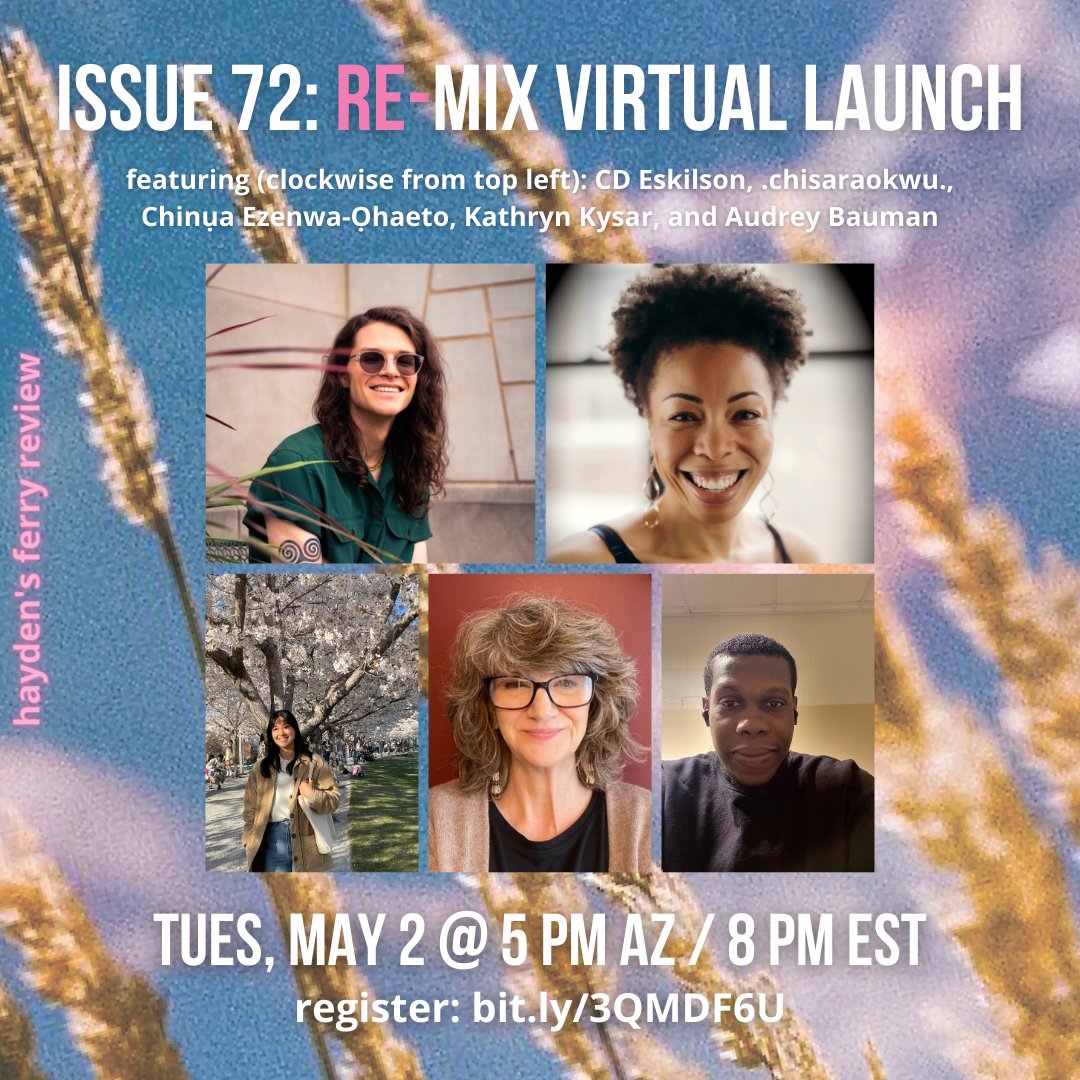 haydensferryrev's tweet photo. This just in! Announcing our readers for our virtual launch: CD Eskilson, .chisaraokwu., Chinụa Ezenwa-Ọhaeto, Kathryn Kysar, and Audrey Bauman!
Please join us as we celebrate the issue and its wonderful contributors!
Register here: https://t.co/7dLUwTWkXf https://t.co/df0wFI28mh