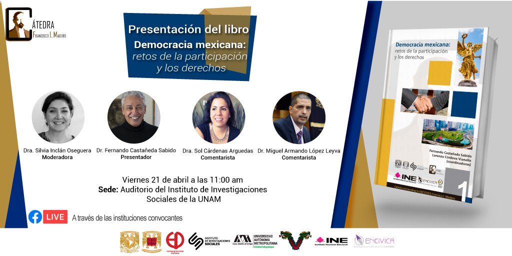 📖Te esperamos en la presentación del libro "Democracia mexicana: Retos de la participación y los derechos" 
📍Cede <a href="/IISUNAM/">IISUNAM</a> 

Participan: <a href="/silviainclano/">Silvia Inclán</a>  @SolCrdns <a href="/leyvapato/">Miguel Armando López Leyva</a> Y <a href="/CastanedaSabido/">Fernando Castañeda</a> 

¡No faltes, se regalarán ejemplares! Aparta tu lugar 👉 bit.ly/3mBlDeA