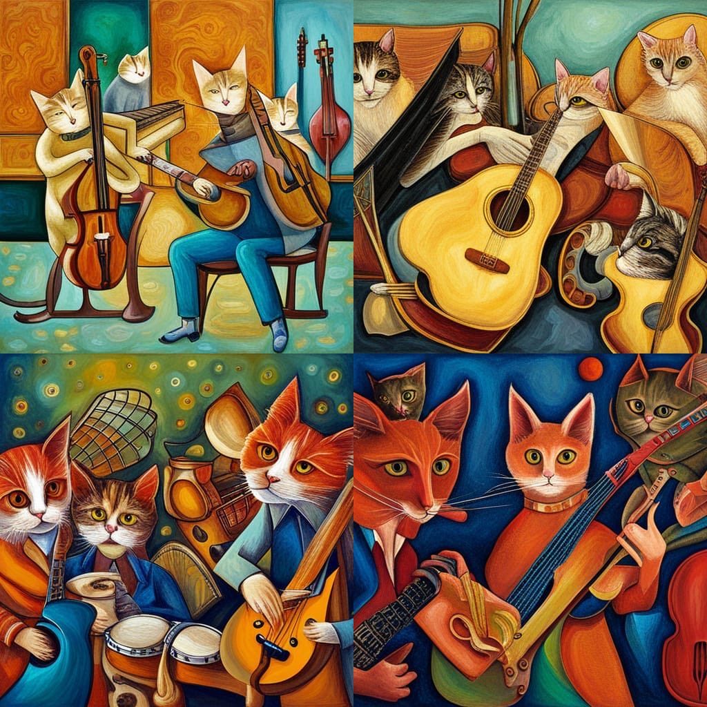 NFTCurator2's tweet photo. "Cats playing musical instruments  - made with @NightCafeStudio 

https://t.co/Yb1p6o1NIT

#aiart #nightcafe #digitalart https://t.co/dtH5N4MCsO