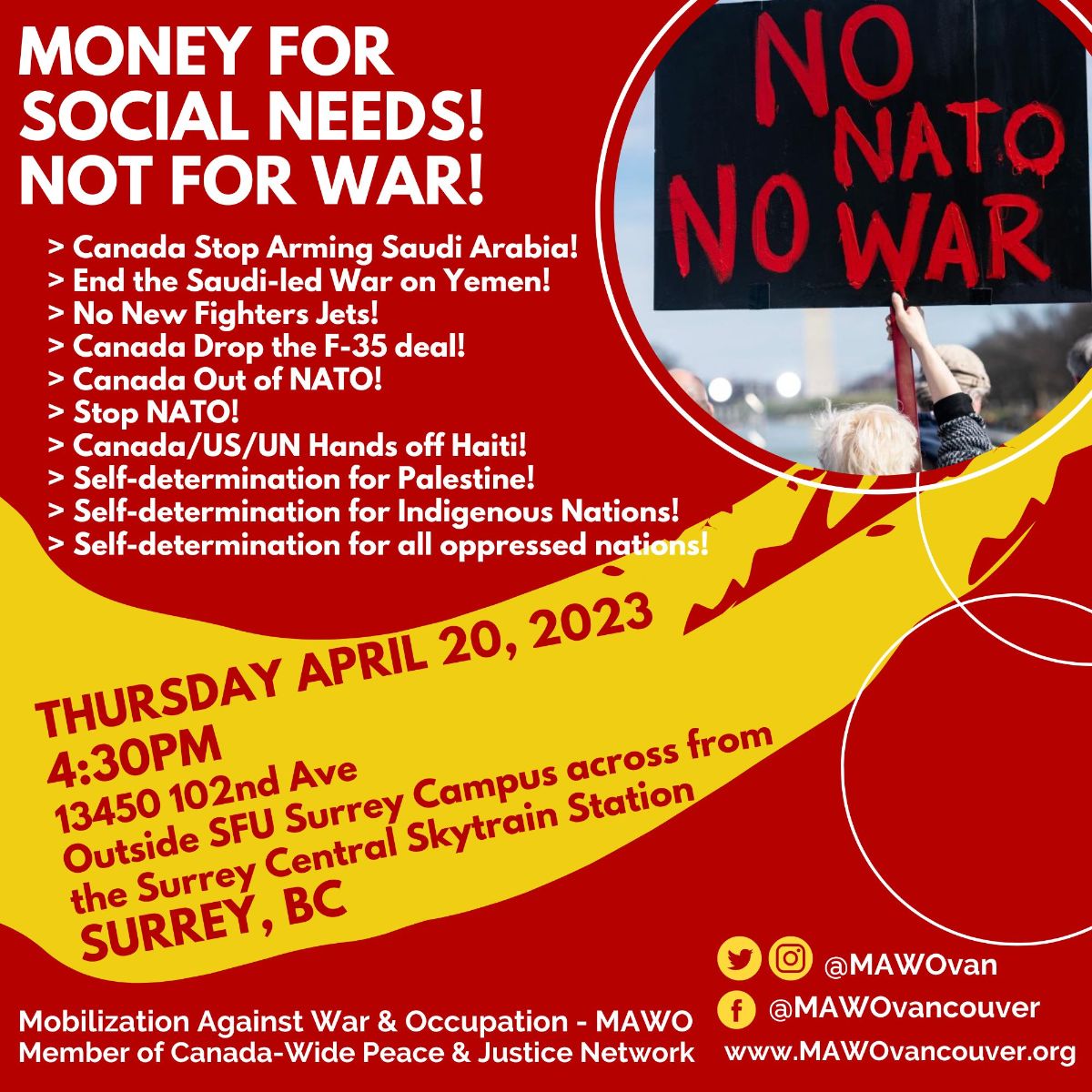 *Thurs Apr 20* Join to demand 'Money for Social Needs Not for War! mailchi.mp/8281675826c1/t… 4:30pm outside Surrey Ctrl Skytrain b/w University Dr. & City Pkwy. #CanadaStopArmingSaudi #FundPeaceNotWar #StopNATO #CanadaOutofNATO #EarthDay2023 #WarIsNotGreen #cdnpoli #EarthDayEndWar