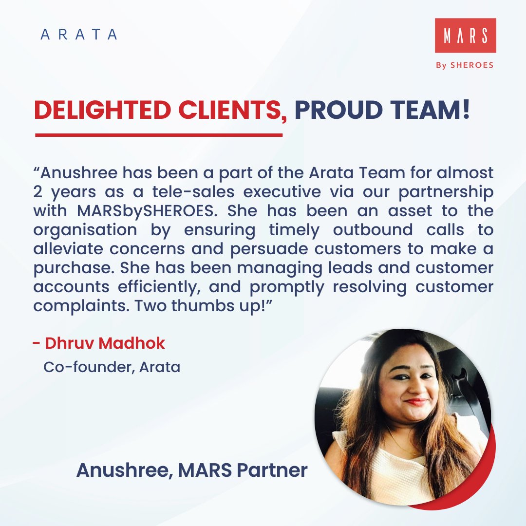 MARSbySHEROES's tweet photo. #HappyFridays with @aratadotin 
Meet our MARS Partner Anushree, who's been an invaluable member of the Arata team for nearly 2 years now. We're proud to have her on board and wish her all the best in her journey to #GoMARSandBeyond! 

Have a great weekend, everyone :) https://t.co/kxODhMr8s8