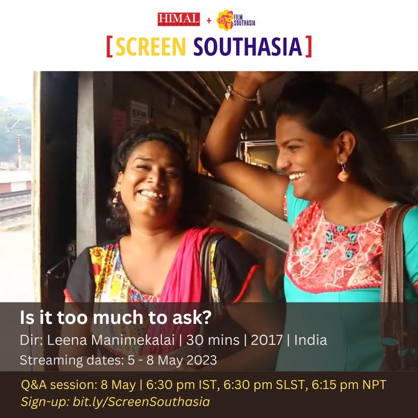 mayirepochu1's tweet photo. #Screeningalert
We are excited to bring you a special screening of 'Is it too much to ask?' by Leena Manimekalai as part of #ScreenSouthasia where we host monthly online screenings of documentaries from the Southasian region with Film Southasia.

SIGN UP: https://t.co/TrlOFZ5vOM https://t.co/X9irETJv6n
