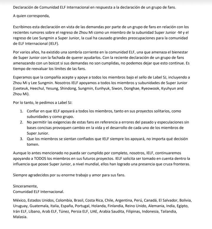 ELFsChile's tweet image. [RT] Compartimos comunicado de IELF en respuesta al comunicado de CELF publicado en Weibo.
Nuestra postura es clara.
#IELFSupportZhoumi 
#IELFSupportSungmin
#IELFStandbySuperJunior