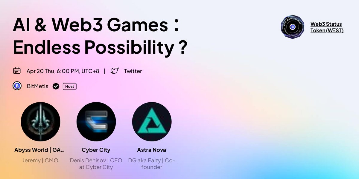 KlapAI (Formerly BitMetis) (@bitmetis) on Twitter photo 👾It's been a while,but here it goes!
🍻BitMetis Roundtable #28
AI&Web3 Games,Endless Possibilities? 😎
🙌w/<a href="/AbyssWorldHQ/">AbyssWorld | $AWT - AI Colosseum</a> <a href="/CyberCityInc/">Cyber City</a> <a href="/Astra__Nova/">Astra Nova</a>
Our guests will share their insights on the topic as well as their exciting project updates!
🕐20/April, 10AM UTC 👾It's been a while,but here it goes!
🍻BitMetis Roundtable #28
AI&Web3 Games,Endless Possibilities? 😎
🙌w/<a href="/AbyssWorldHQ/">AbyssWorld | $AWT - AI Colosseum</a> <a href="/CyberCityInc/">Cyber City</a> <a href="/Astra__Nova/">Astra Nova</a>
Our guests will share their insights on the topic as well as their exciting project updates!
🕐20/April, 10AM UTC