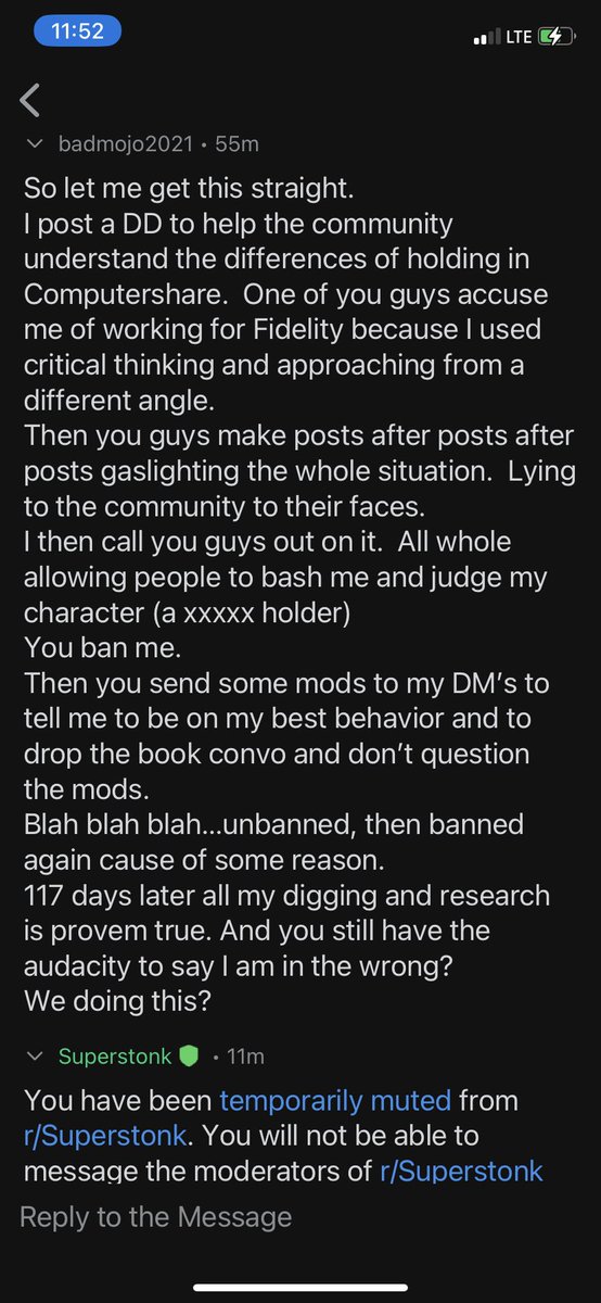badmojo6969's tweet photo. LET THE MIGRATION BEGIN.  Killing discussion by silencing and gaslighting.  They are lying RIGHT TO YOUR FACE #SuperStonk. #GME #DRS #BOOK https://t.co/4k2oS9Os2t