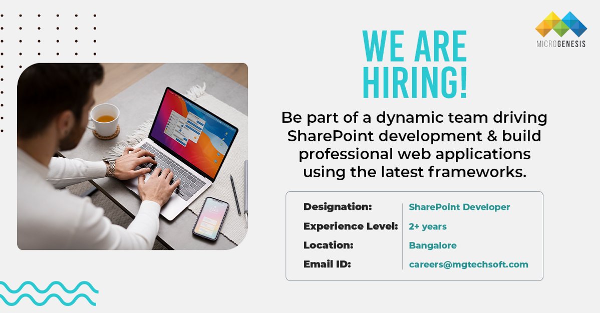 Mgtechsoft's tweet image. Looking for a talented #SharePointDeveloper with 2+ years of experience to join our team in #Bangalore! Candidates should have hands-on experience in developing #SharePointsolutions with #VisualStudio and C#, and be proficient in #SharePoint object models.
#BangaloreJobs #Jobs