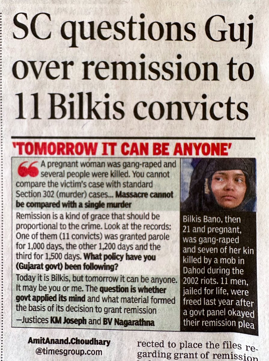 SmitaSabharwal's tweet photo. All hopes pinned 📌on #SupremeCourt in the #BilkisBanoCase
Hail the SC for observing that ‘massacre cannot be compared to a single murder’.
Pray that the Checks and Balance system as enshrined in #Constitution in Article 361 , brings erring Govts to heel. https://t.co/UAv9C3wu0g