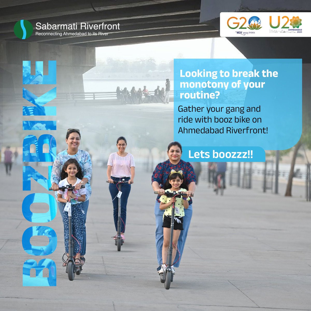 SRFDCL's tweet photo. Taking a spin around the beautiful Sabarmati Riverfront on Booz Bike. The extra thrill of riding on the riverfront is unbeatable! Come with your gang for some amazing adventure and fun at the #SabarmatiRiverfront https://t.co/yt7vEJy6GL