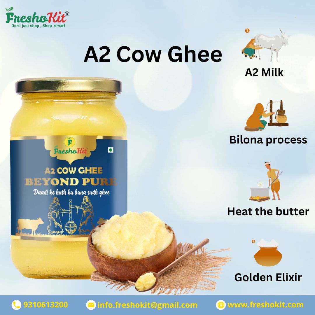 Upgrade your cooking game with Freshokit's A2 Cow Pure Ghee made through the traditional Bilona method! 🌿🧈👩‍🍳 Experience the goodness of organic, farm-fresh ghee. #Freshokit #PureGhee #OrganicGoodness #BilonaMethod #A2CowGhee #ghee #butter #a2ghee #a2gheeindia #culturedbutte