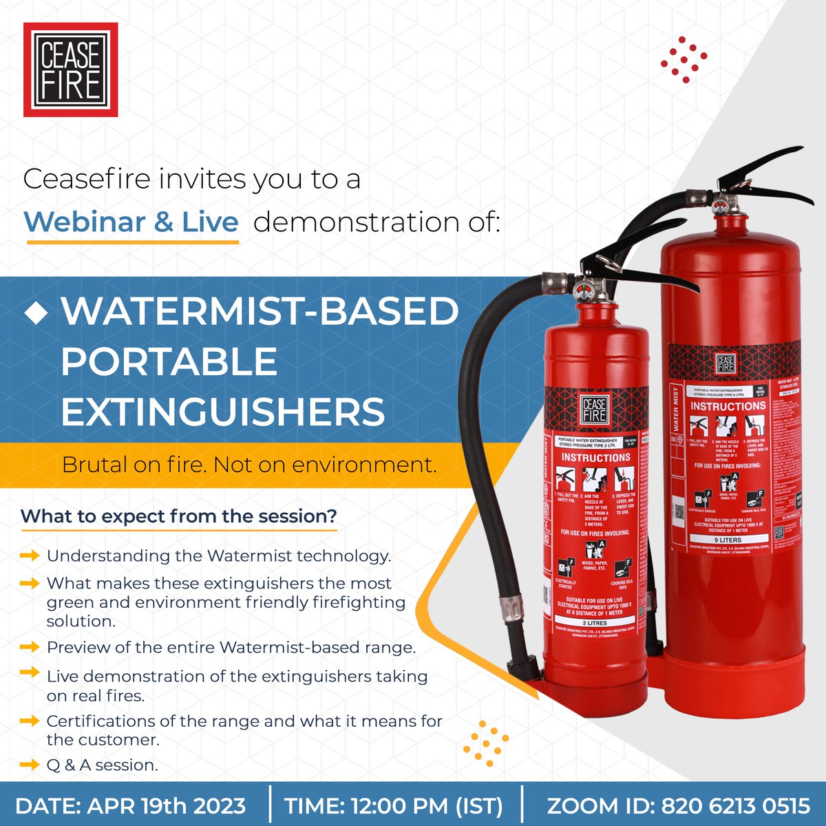 CeasefireIndia's tweet photo. Join us for a live webinar & Demonstration of the Ceasefire Watermist-Based Portable Extinguisher, on 19th April 2023 at 12:00 PM, on our official Facebook page.
.
.
#firecontrols #fireprotection #firesafety #fireextinguisher #firefight #firesafety #webinar #firealarm #firealarmsystem #Ceasefire #CeasefireIndia