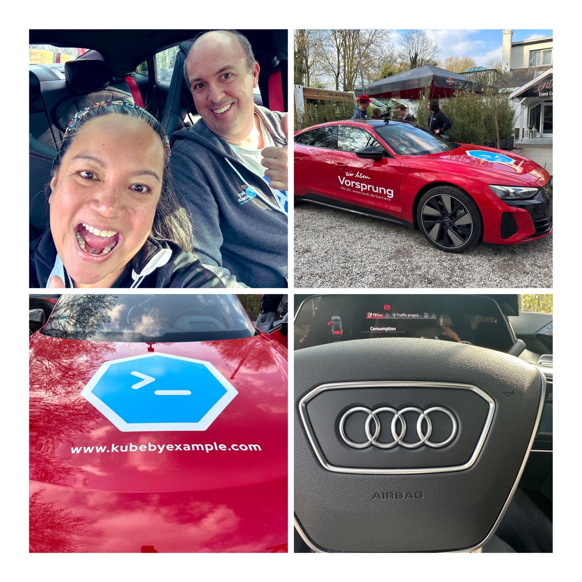 Checking out  the super cool @kubebyexample  branded RS e-tron @audi GT at the #KubeCon @openshiftcommon in #Amsterdam with @stu. Once again I got to be in the driver’s seat! #RedHat #audi #opensource