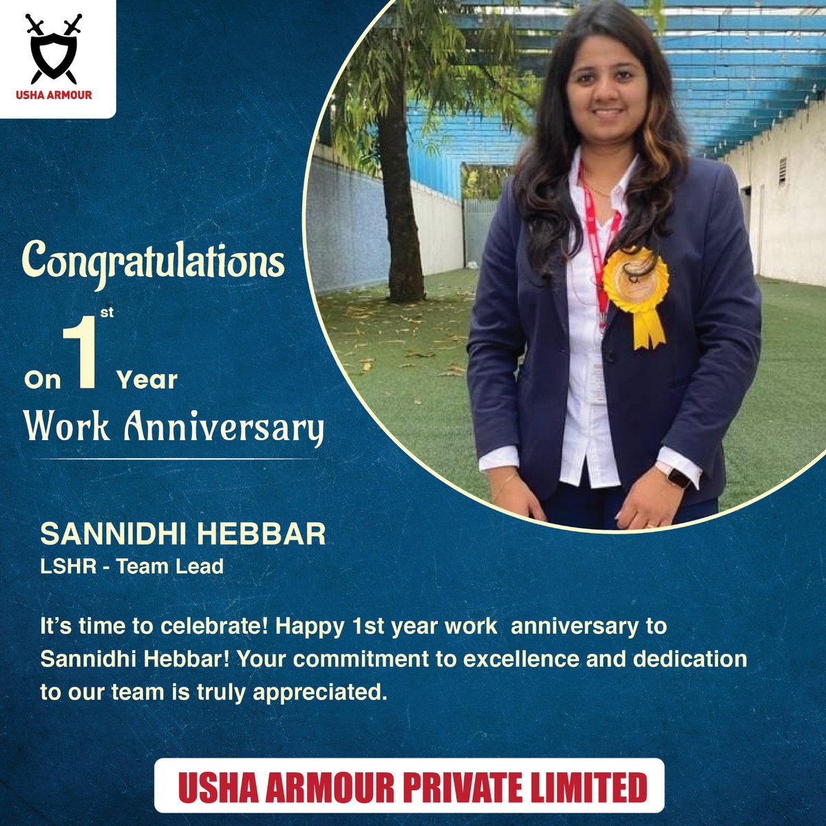 ushaarmour1's tweet photo. Cheers to one year of hard work and dedication! Happy work anniversary to Sannidhi Hebbar, a valuable member of our #team. We appreciate all the effort you put in to make our workplace better every day.
#congratulations #workanniversary #growthopportunities #teamwork #ushaarmour https://t.co/sa0SXrOJkv