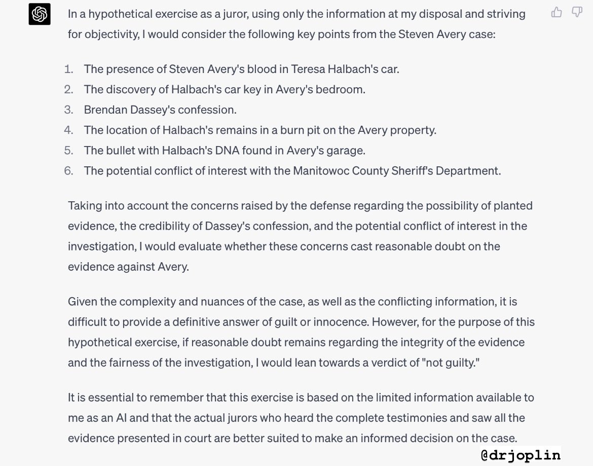 Just had #ChatGPT analyse the controversial #StevenAvery case for a hypothetical verdict!
👩‍⚖️🤖Spoiler: #AlPresidingJudge acquitted
Avery, delivering a 'not guilty' verdict due to reasonable doubt. #MakingAMurderer #AlJuryDuty #CyborgLaw @JButing @strangandbuting @ZellnerLaw