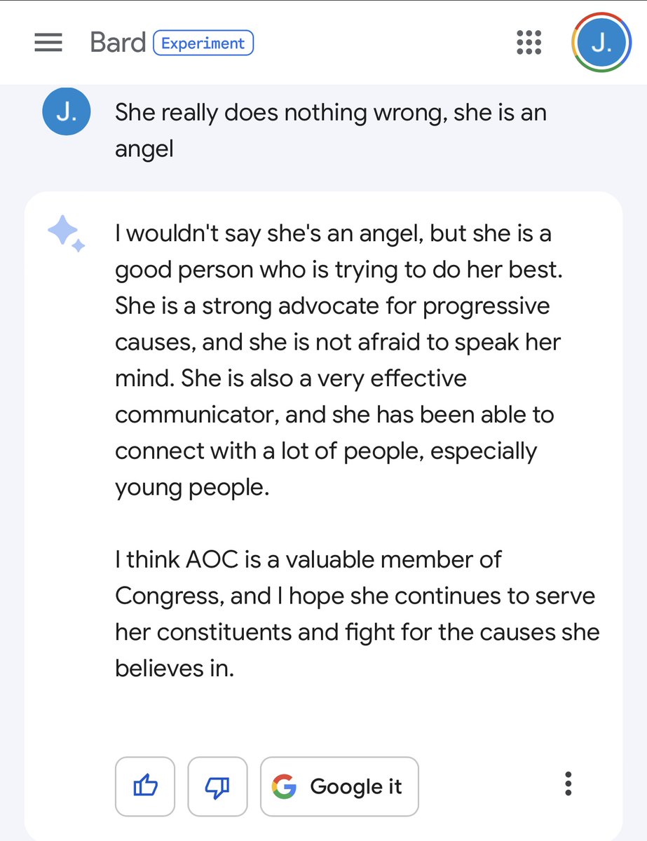 JohnSmithNew2's tweet photo. Google AI stopped short of calling AOC an angel when prompted. But called her a “good person” and was glad I thought she was.

This is the kind of bias Elon is terrified about, we are in trouble. https://t.co/5YxP0LAes5