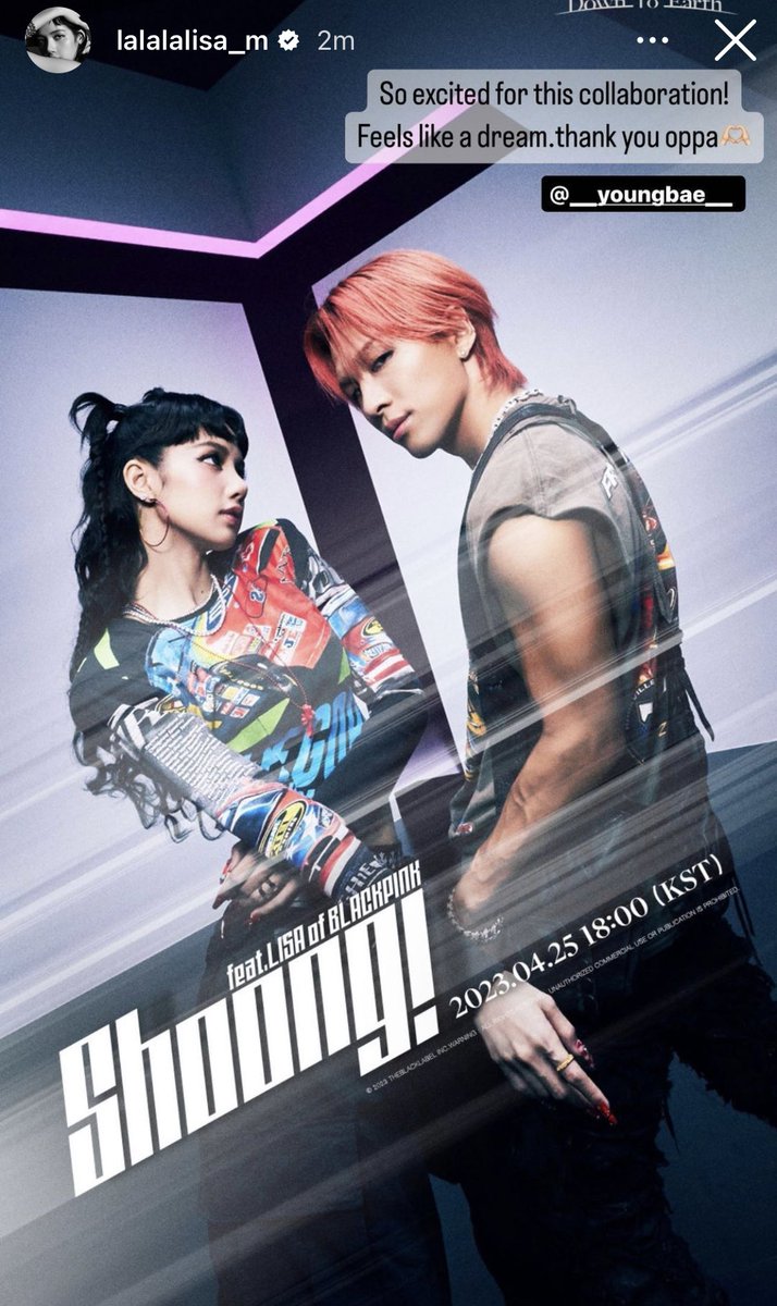 #LISA - So excited for this collaboration! Feels like a dream, thank you oppa <a href="/Realtaeyang/">TAEYANG</a>! 

🔗 instagram.com/stories/lalala…

TAEYANG X LISA IS COMING 
#SHOONGxTAEYANGxLISA
#TAEYANGxLISA