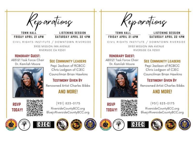 REPARATIONS TOWNHALL &amp; LISTENING SESSION

#reparations #townhall #listeningsession #communityleaders #RSVPNow #rcbcc #cjec #lbnaacp