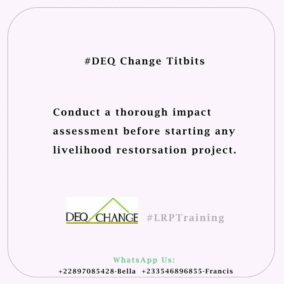 DEQchange's tweet photo. Conduct a thorough impact assessment before starting any livelihood restoration project.
#LRP Training 
#Sustainability #CSR #ESG https://t.co/MUB2KmJRkr