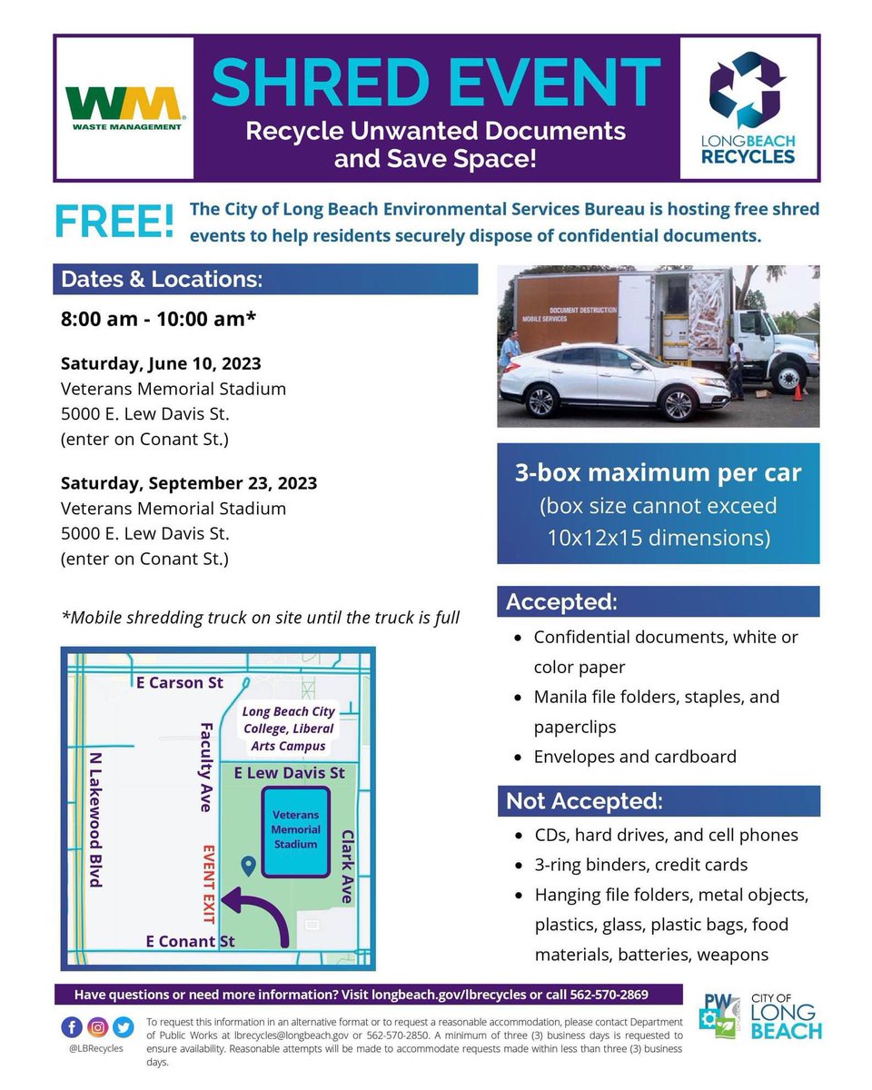 FREE SHRED EVENT:
Recycle unwanted documents and save space. 

#wastemanagement
#recyclingn #longbeach #LBC #securlydispose #freeshredevents #longbeachrecycles Long Beach City Long Beach Recycles