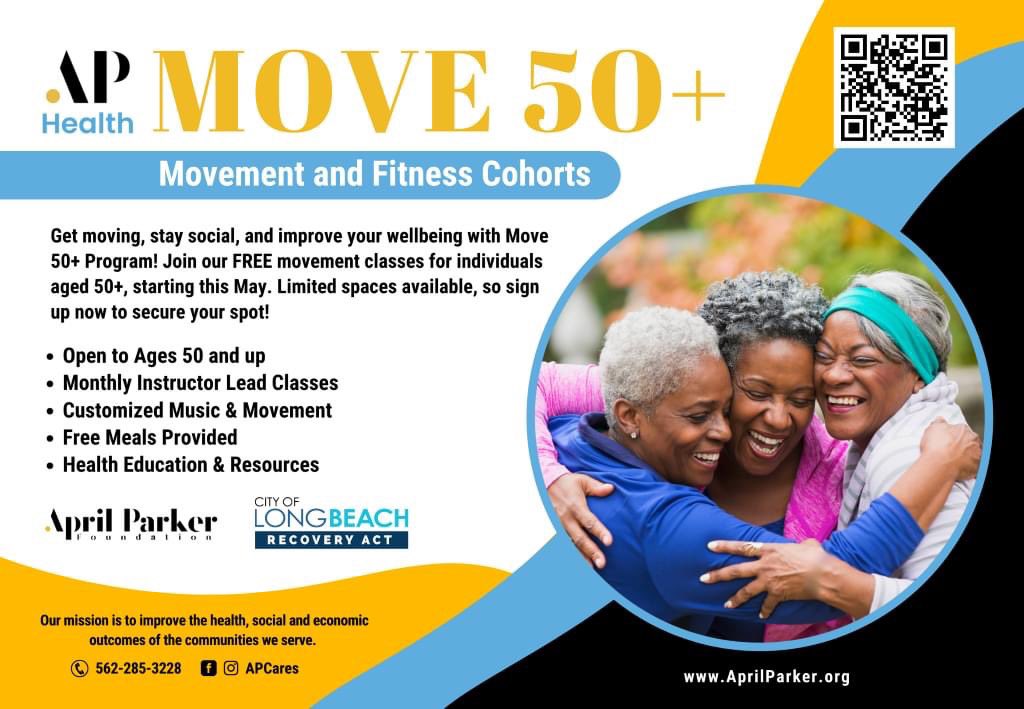 Movement and fitness cohorts:
#GetMoving #StaySOCIAL #ImproveHealth #Wellbeing #50PlusProgram #Free #MovementClasses #50YearsOrMore #LimitedSpace #MonthlyInstructor #Music #Movement #FreeMeals #Health #Education #Resources #CityOfLongBeach #AprilPark #lbnaacp