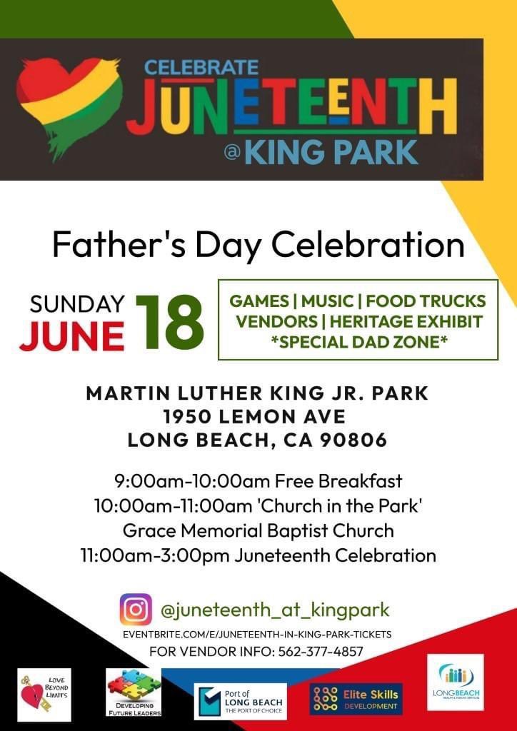 Celebrate JUNETEENTH:
#FathersDayCelebration #Games #Music #FoodTrucks  #VENDORS  #Exhibition #DadZone #FreeBreakfast #Church #Juneteenth #LongBeach #LongBeachNAACP #EliteSkills #PortOfLongBeach #longbeachhealthandhumanservices