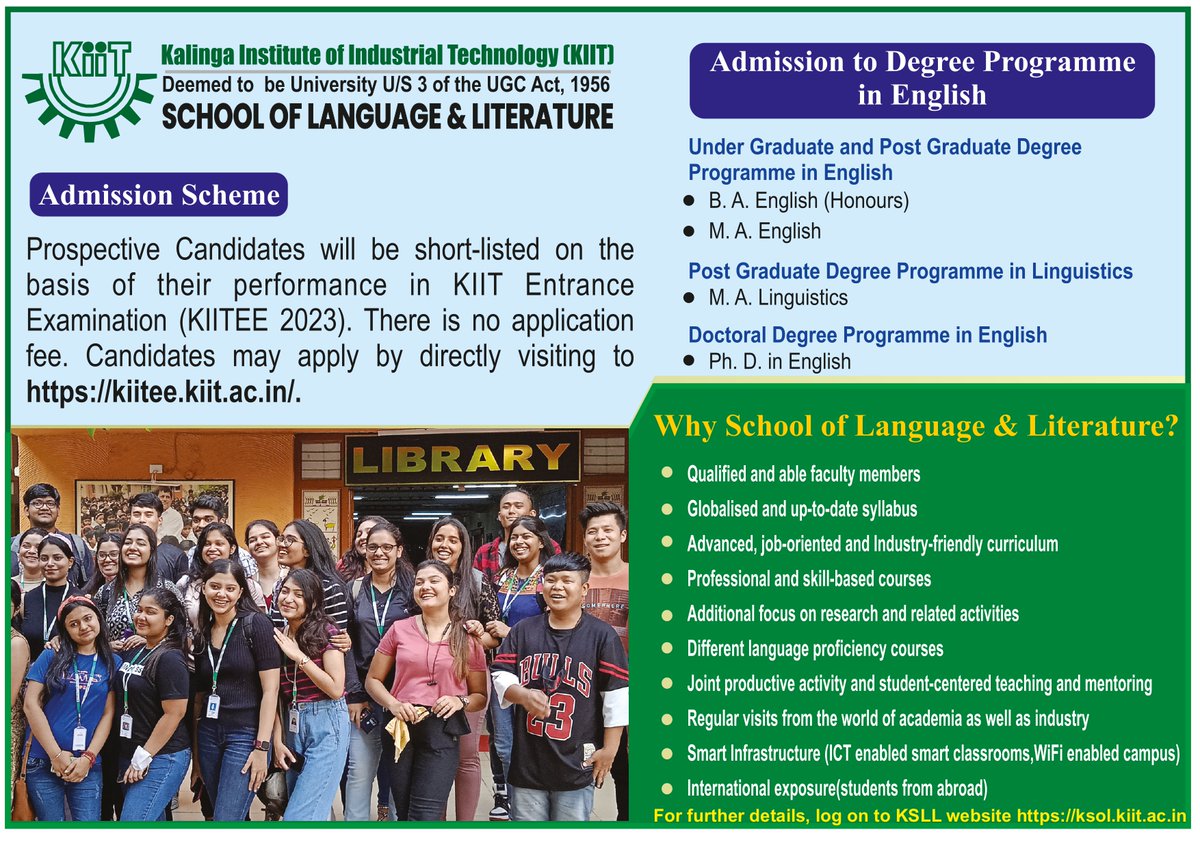 KIITSOL's tweet photo. Choose the best place to study English Literature in Odisha (B.A./ M.A./ Ph.D.). Join KIIT School of Language &amp; Literature (KSLL) &amp; avail world-class facilities at KIIT Deemed to be University. 
#EnglishLiterature #KIIT #KSLL #KSOL #kiituniversity #BAEnglishHonours #MAEnglish https://t.co/CEelwBu506