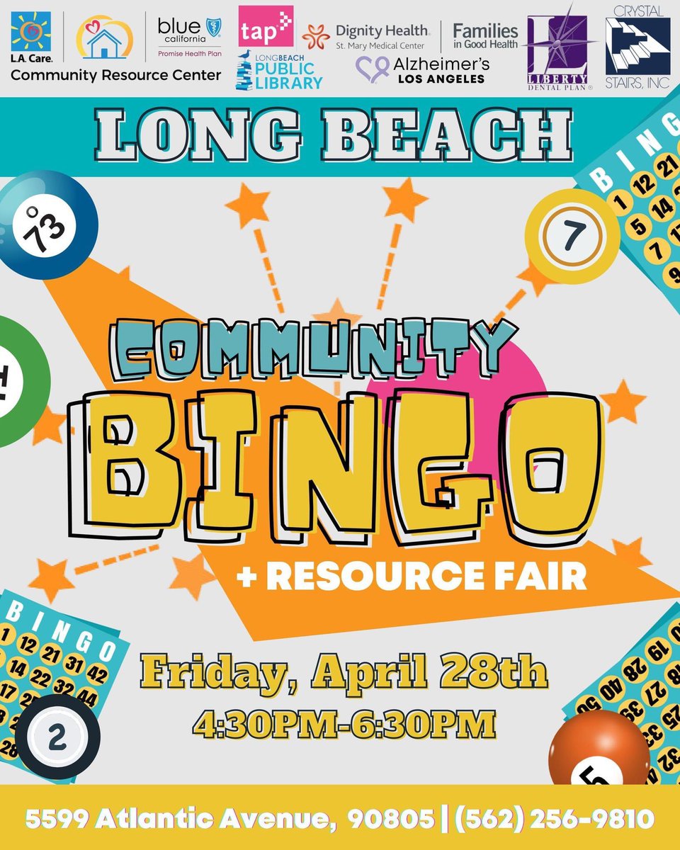 Long Beach Community Bingo+ Resource Fair:

#dignityhealth #BlueShield #LAcare #communityresourcecenter #Longbeachpubliclibrary #alzheimersLosAngeles #Libertydentalplan #familiesingoodhealth #cystalstairsInc #tap #longbeach #LBnaacp #communityresources #communitybingo